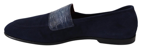 Blue suede Caiman loafers slippers shoes by Dolce & Gabbana, featuring a classic slip-on design and luxurious texture.