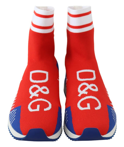 Blue and red Dolce & Gabbana Sorrento logo sneakers with matching socks, showcasing stylish footwear with bold branding and vibrant colors.