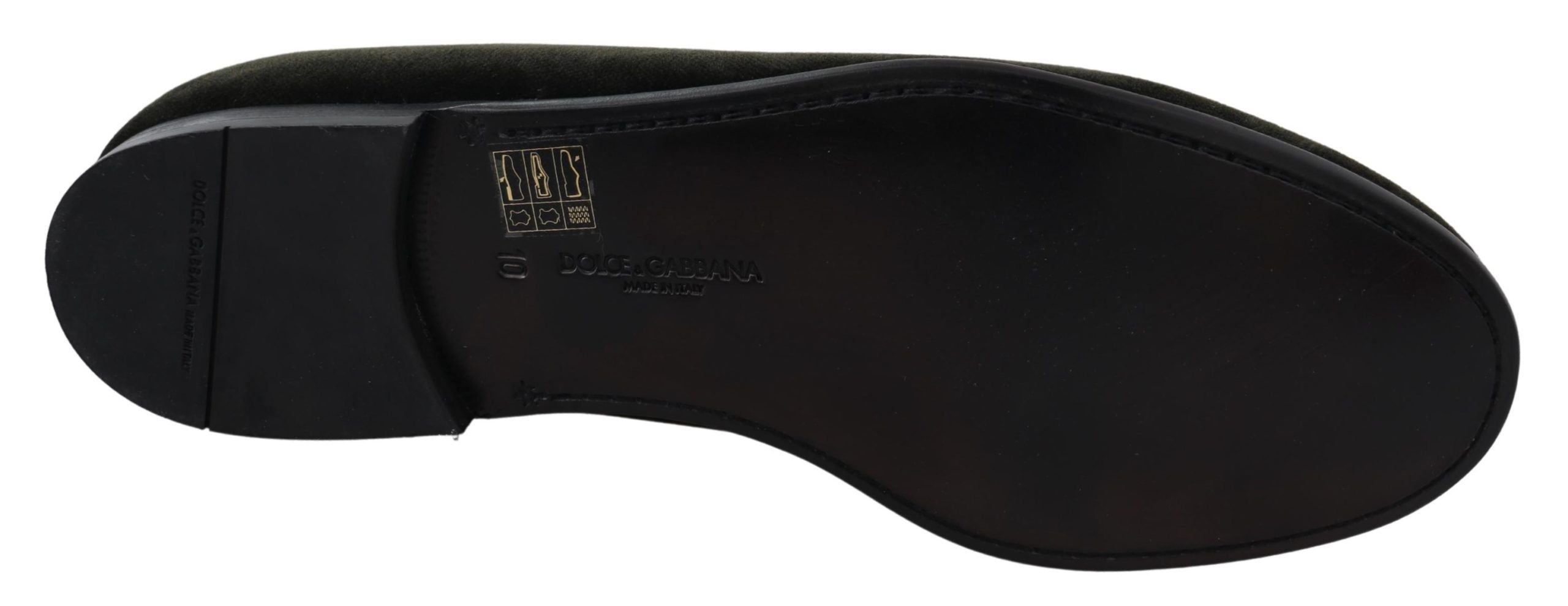 Green velvet men's slip-on loafers by Dolce & Gabbana, showcasing sleek design and luxurious fabric.