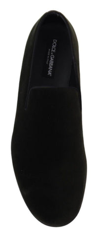 Green velvet men's slip-on loafers by Dolce & Gabbana, showcasing sleek design and luxurious fabric.