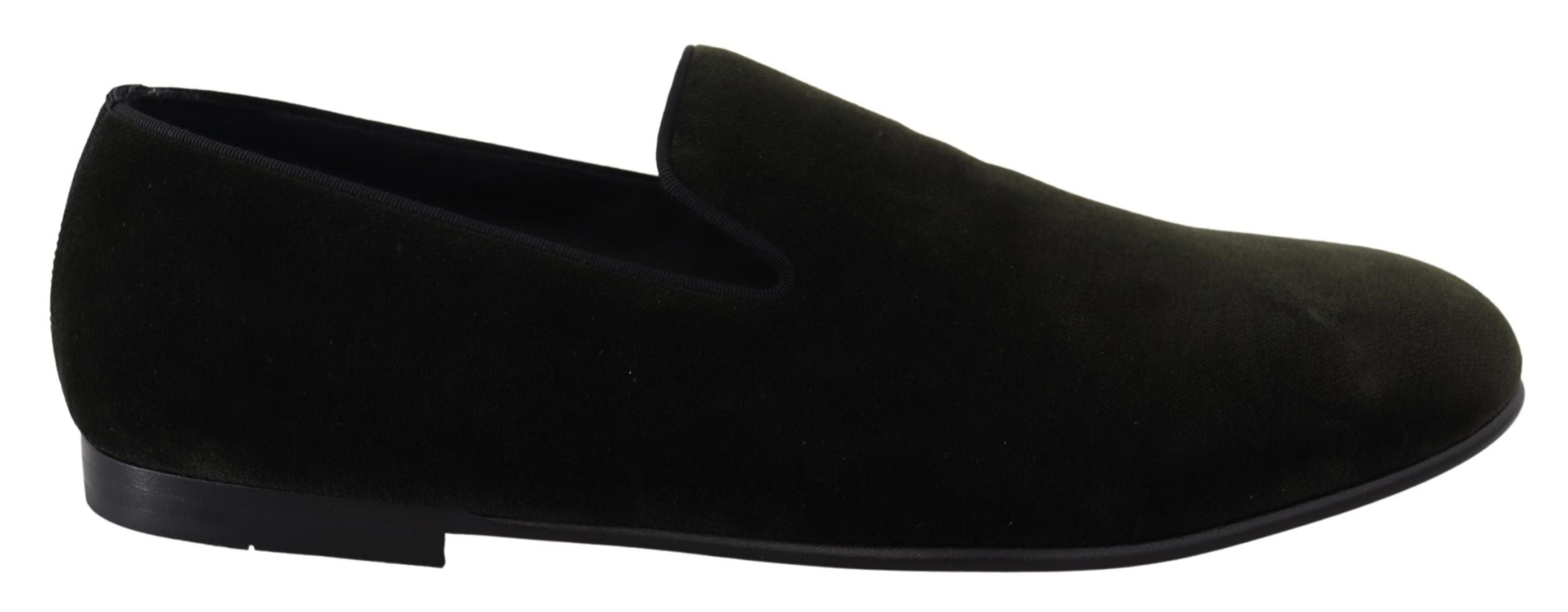 Green velvet men's slip-on loafers by Dolce & Gabbana, showcasing smooth velvet fabric and classic loafer design.