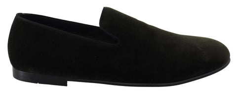 Green velvet men's slip-on loafers by Dolce & Gabbana, showcasing smooth velvet fabric and classic loafer design.
