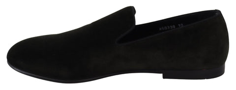Green velvet men's slip-on loafers by Dolce & Gabbana, featuring a sleek design and stylish leather detailing.
