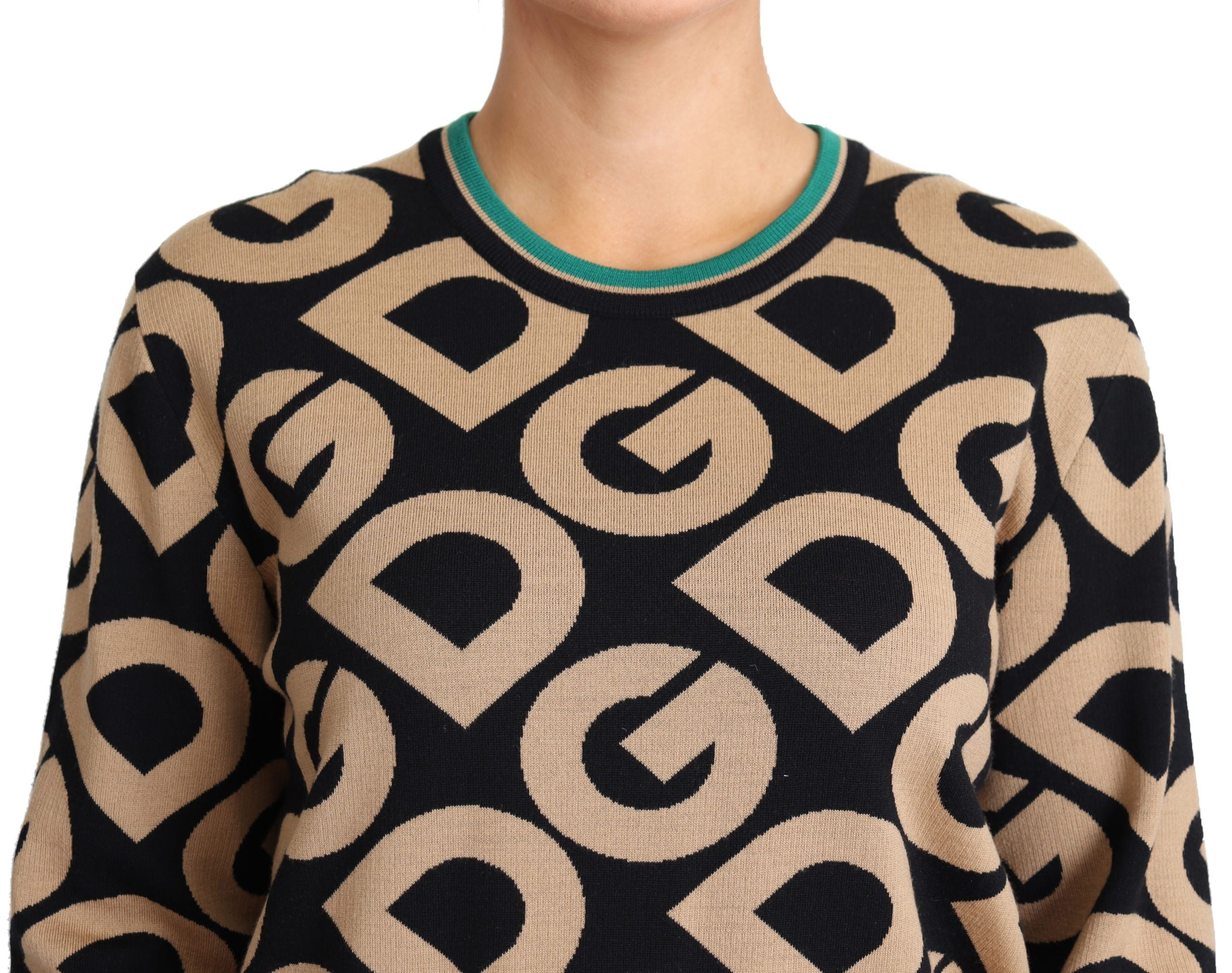 Multicolor DG Mania wool crewneck pullover sweater by Dolce & Gabbana, featuring vibrant, patterned knit fabric on a model.