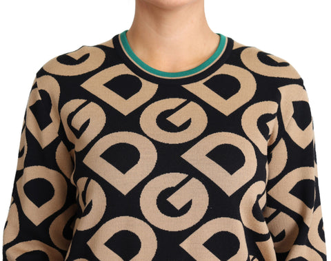 Multicolor DG Mania wool crewneck pullover sweater by Dolce & Gabbana, featuring vibrant, patterned knit fabric on a model.