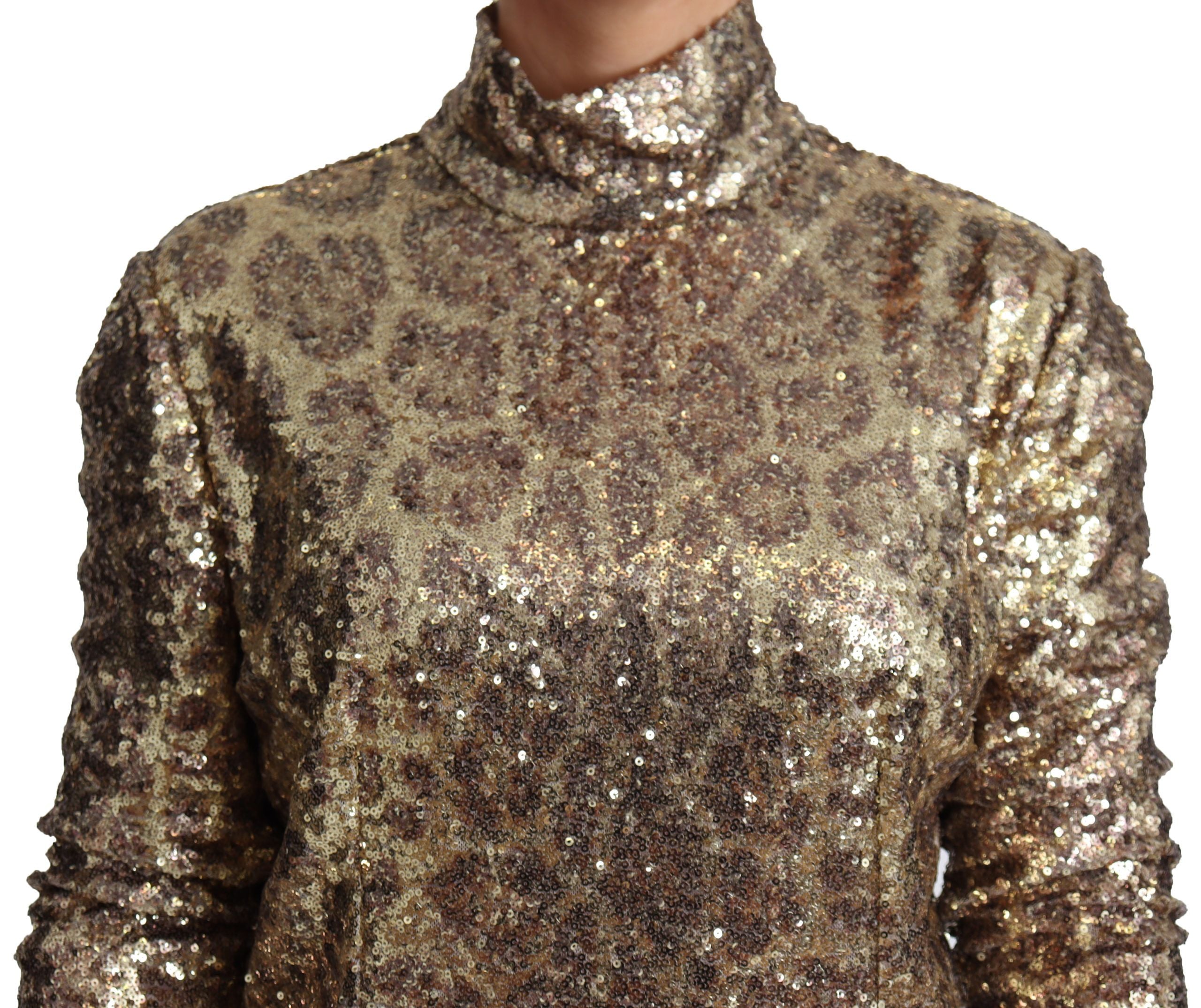 Brown leopard print turtleneck sequin sweater by Dolce & Gabbana, featuring a fitted design with shimmering sequins and cozy turtleneck.