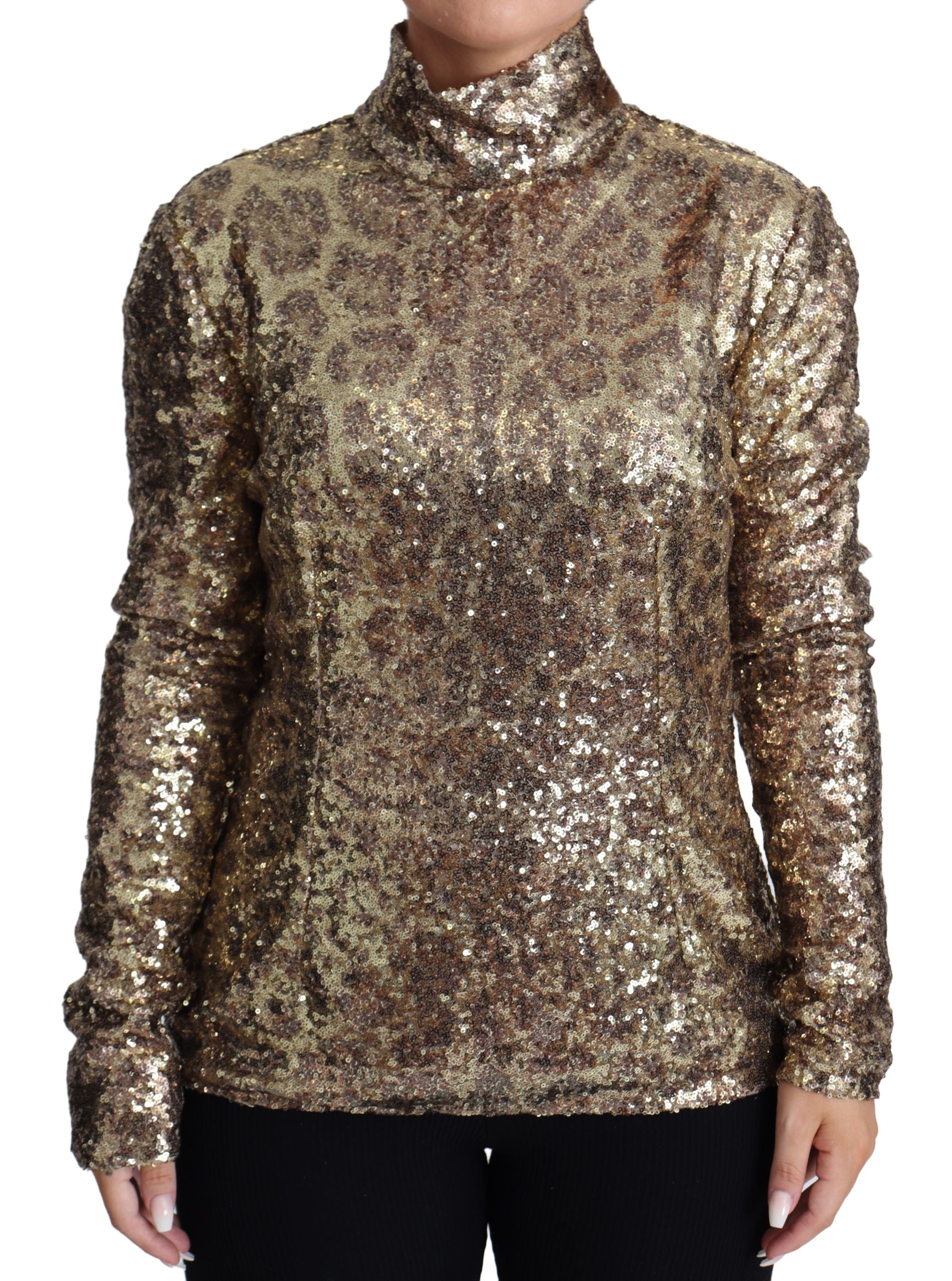 Dolce & Gabbana brown leopard print turtleneck sequin sweater, fitted style with shimmering sequins, long sleeves, and cozy turtleneck.