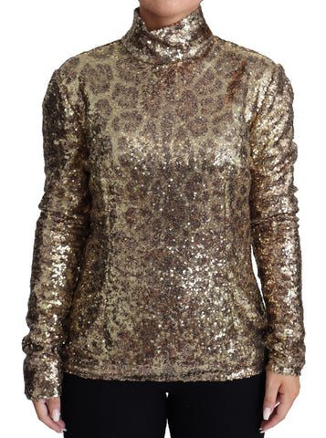 Dolce & Gabbana brown leopard print turtleneck sequin sweater, fitted style with shimmering sequins, long sleeves, and cozy turtleneck.