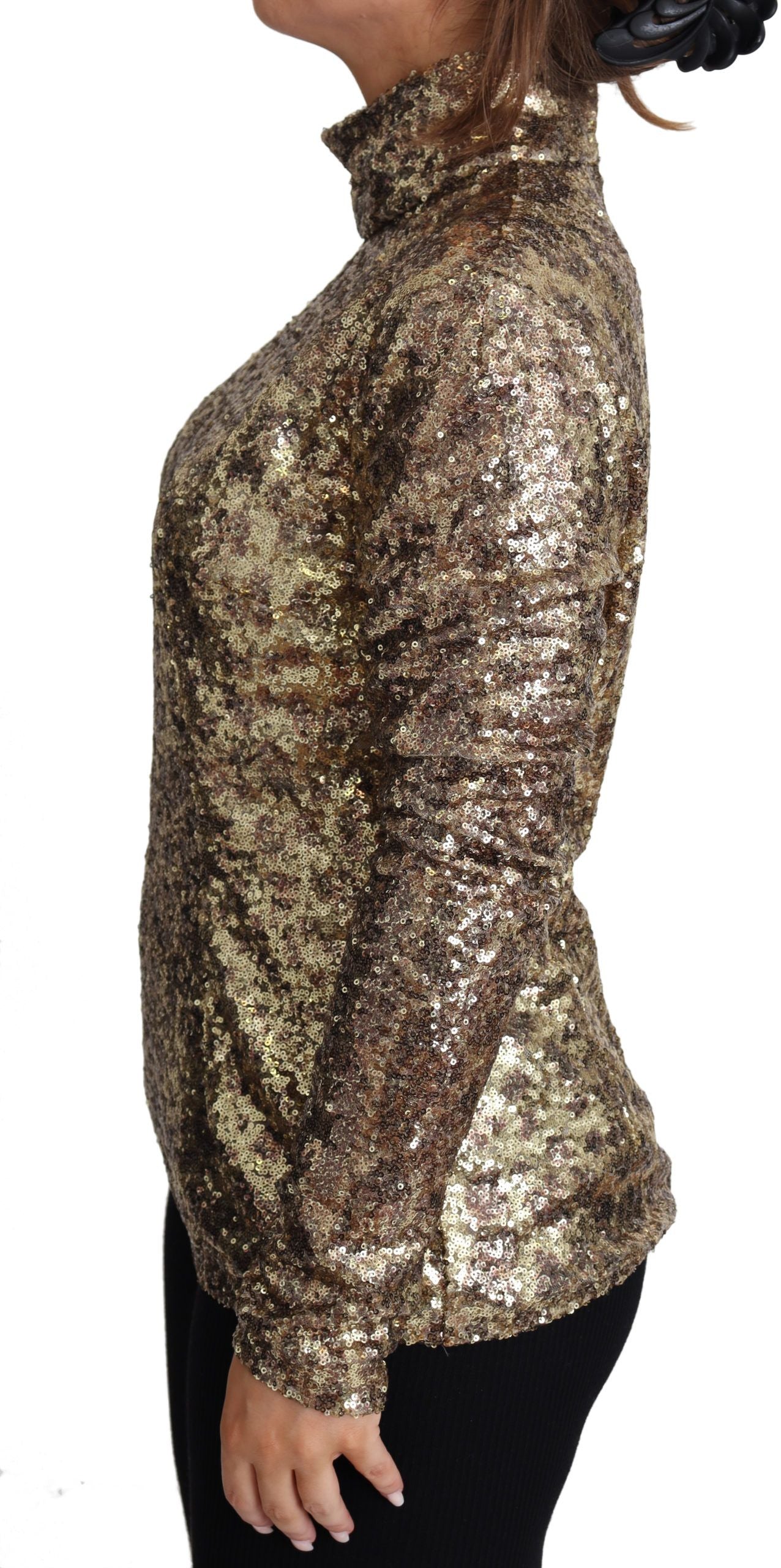 Dolce & Gabbana brown leopard print fit turtleneck sequin sweater, close-up of the stylish knit with sequin details.
