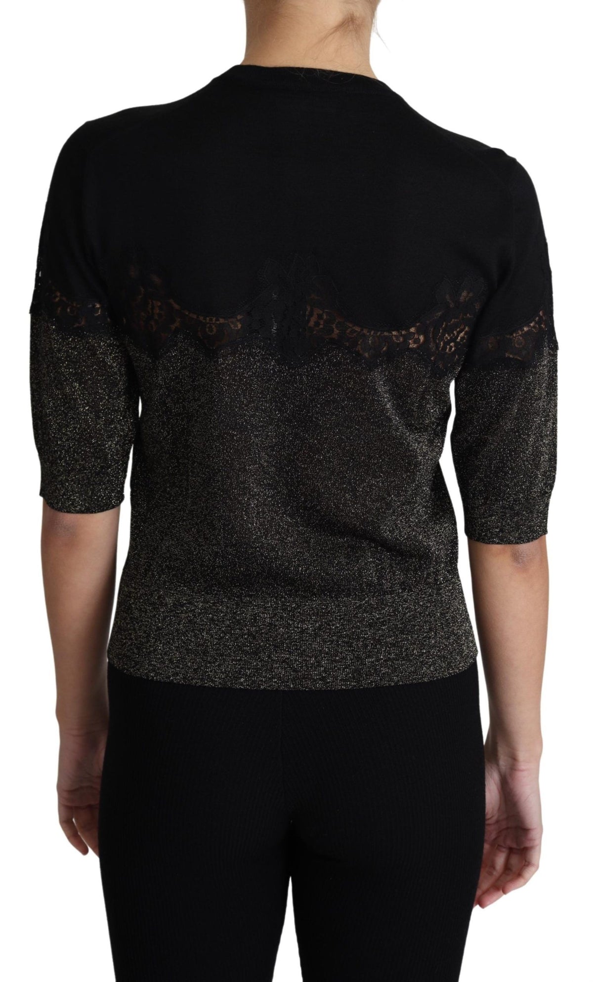 Black shiny lurex pullover top with lace insert by Dolce & Gabbana, featuring a stylish, glossy finish and intricate lace detailing.