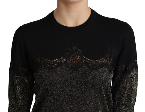 Black shiny lurex pullover top with lace insert by Dolce & Gabbana, featuring a stylish and elegant design.
