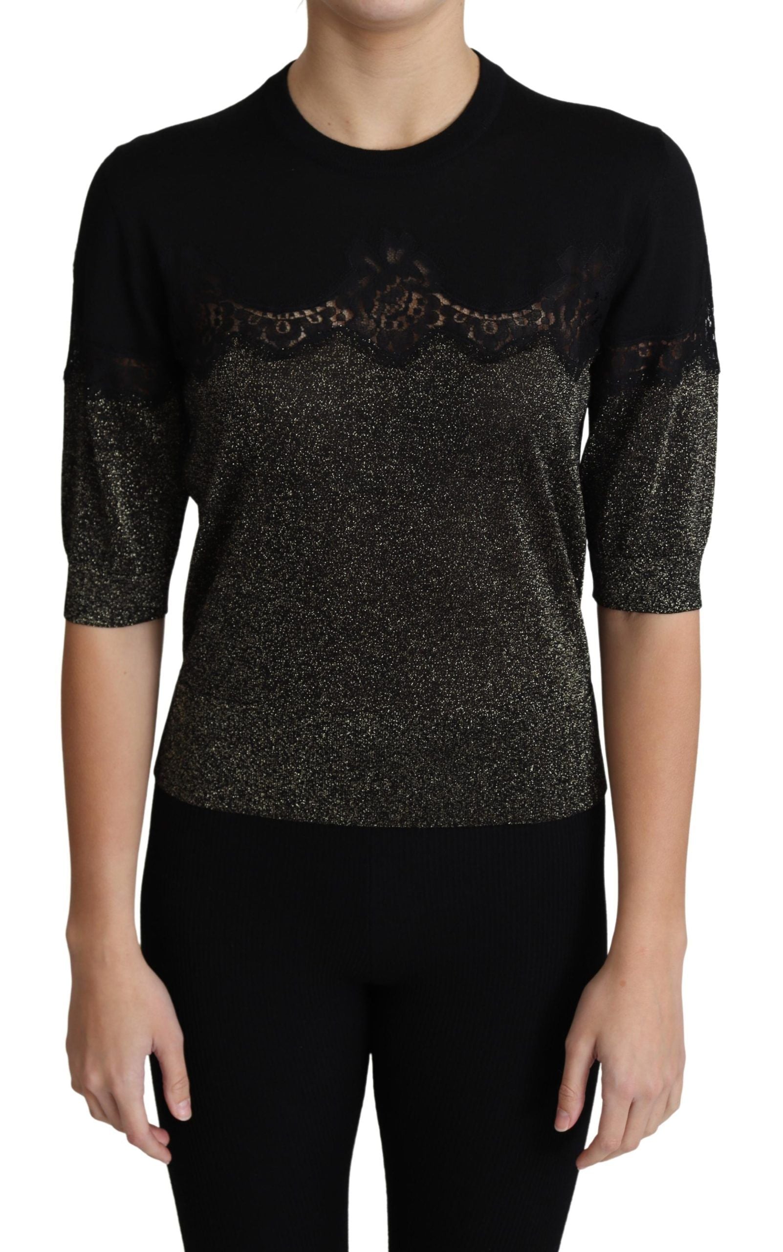 Black shiny lurex lace insert pullover top by Dolce & Gabbana, featuring a sleek, glamorous design with lace detailing.