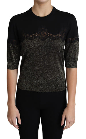 Black shiny lurex lace insert pullover top by Dolce & Gabbana, featuring a sleek, glamorous design with lace detailing.