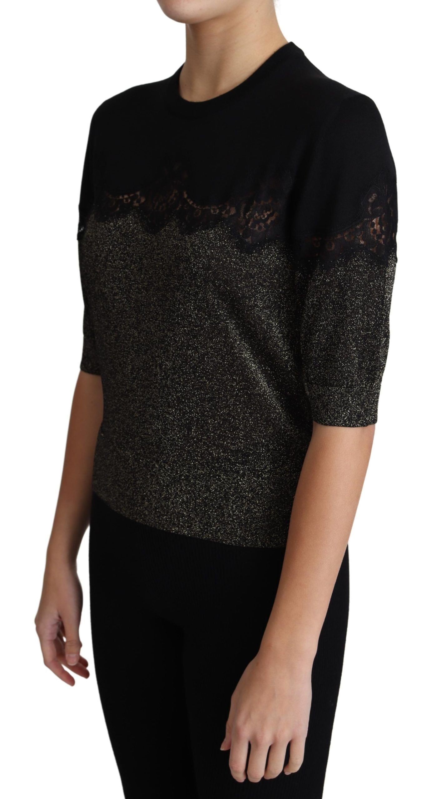 Black shiny lurex lace insert pullover top by Dolce & Gabbana, featuring a fitted silhouette and intricate lace detailing.