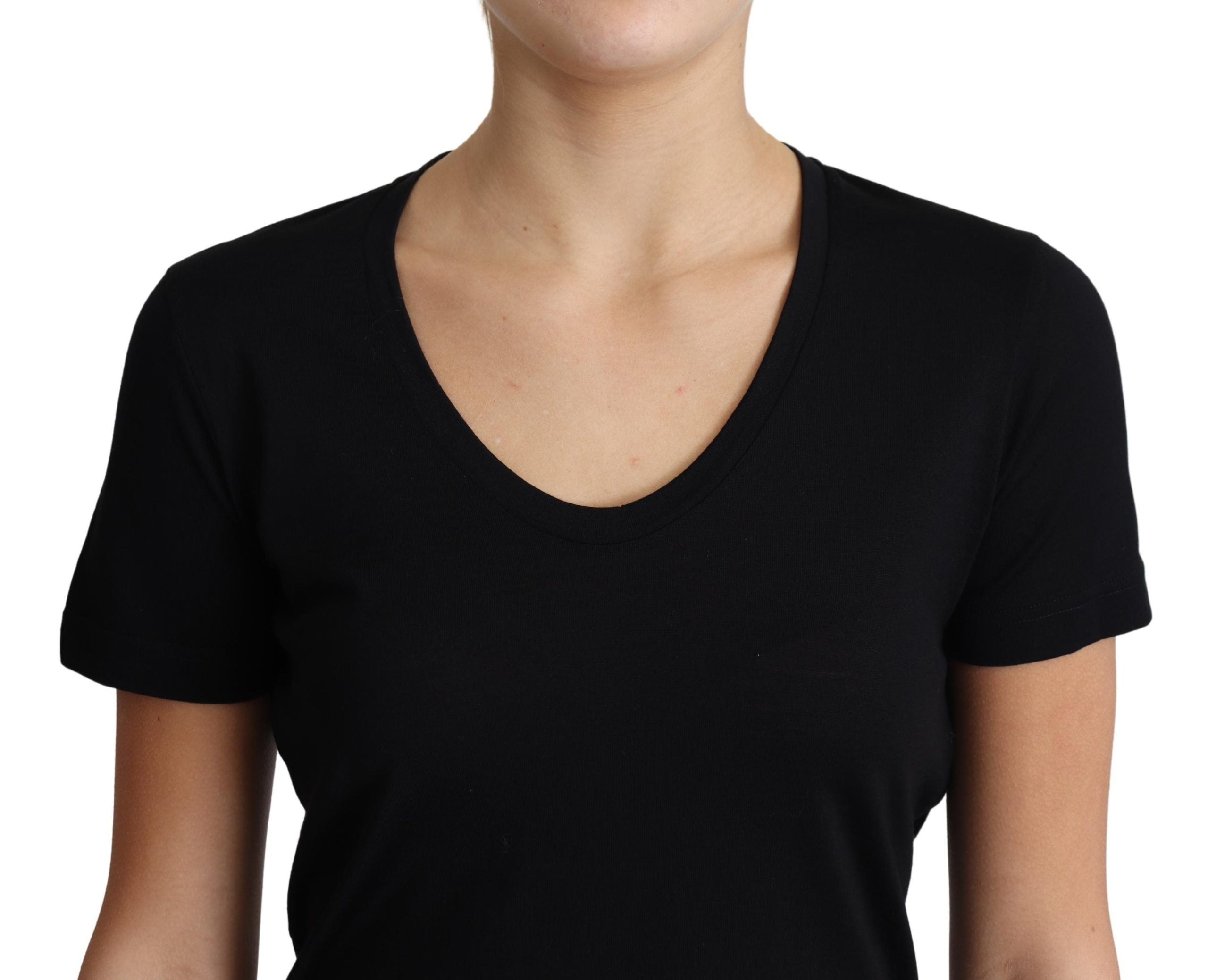 Black wool Dolce & Gabbana round neck short sleeve T-shirt displayed on a hanger.