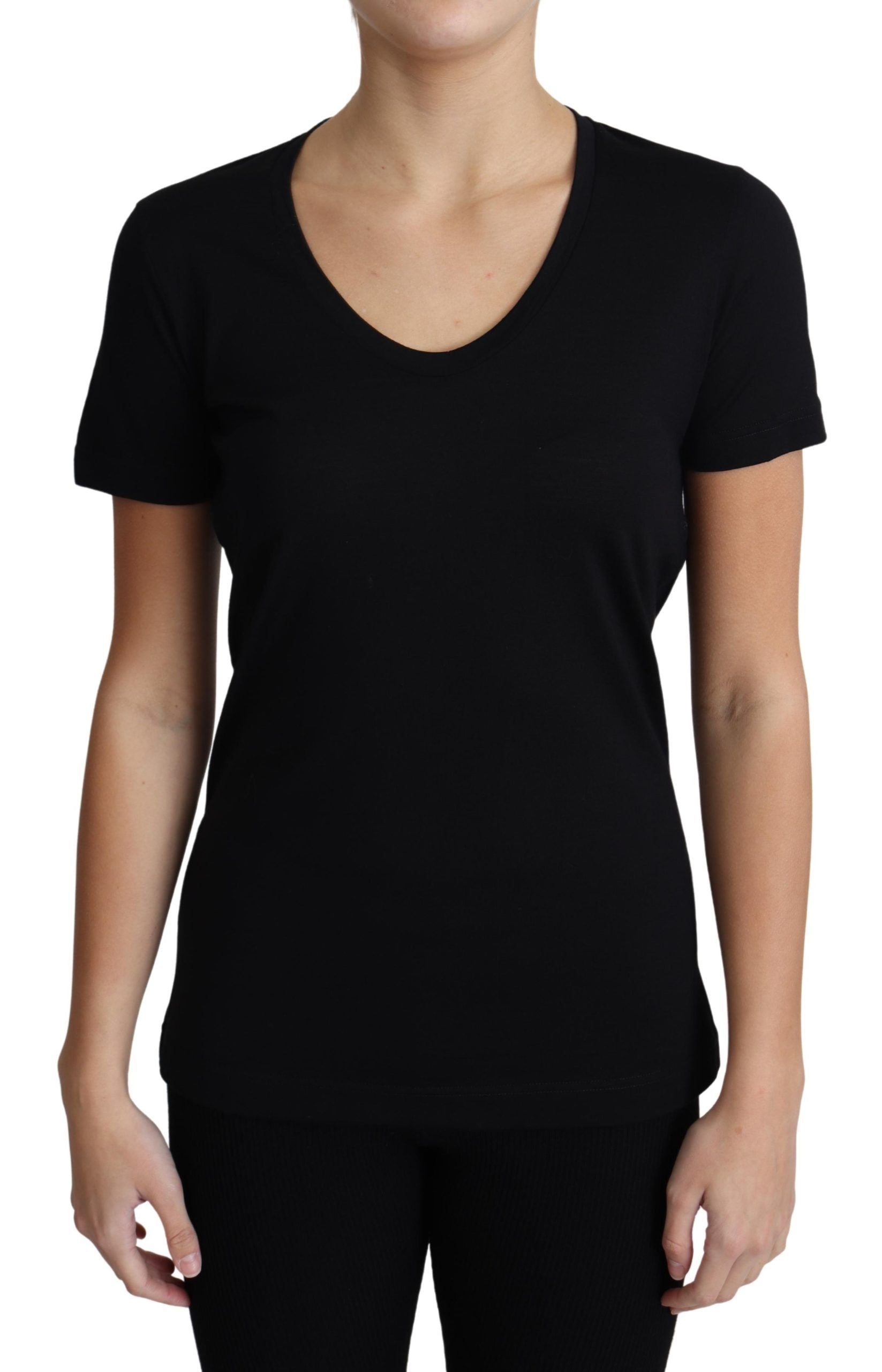 Black wool short-sleeve round neck T-shirt by Dolce & Gabbana, shown with a close-up of the fabric and neckline detail.