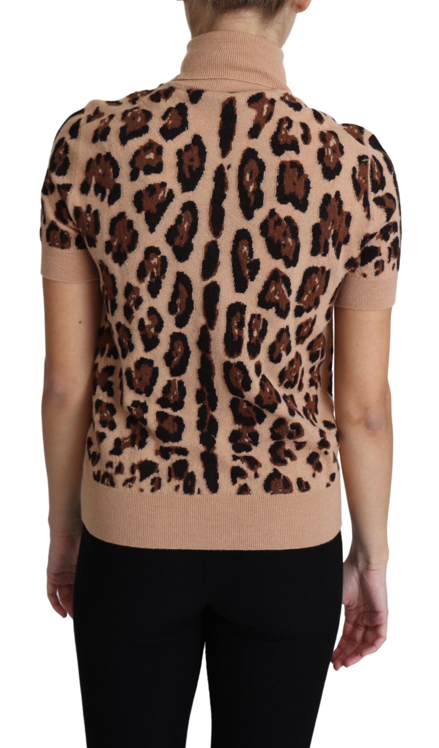 Beige leopard print Virgin wool turtleneck top by Dolce & Gabbana showing the textured fabric and stylish fit.