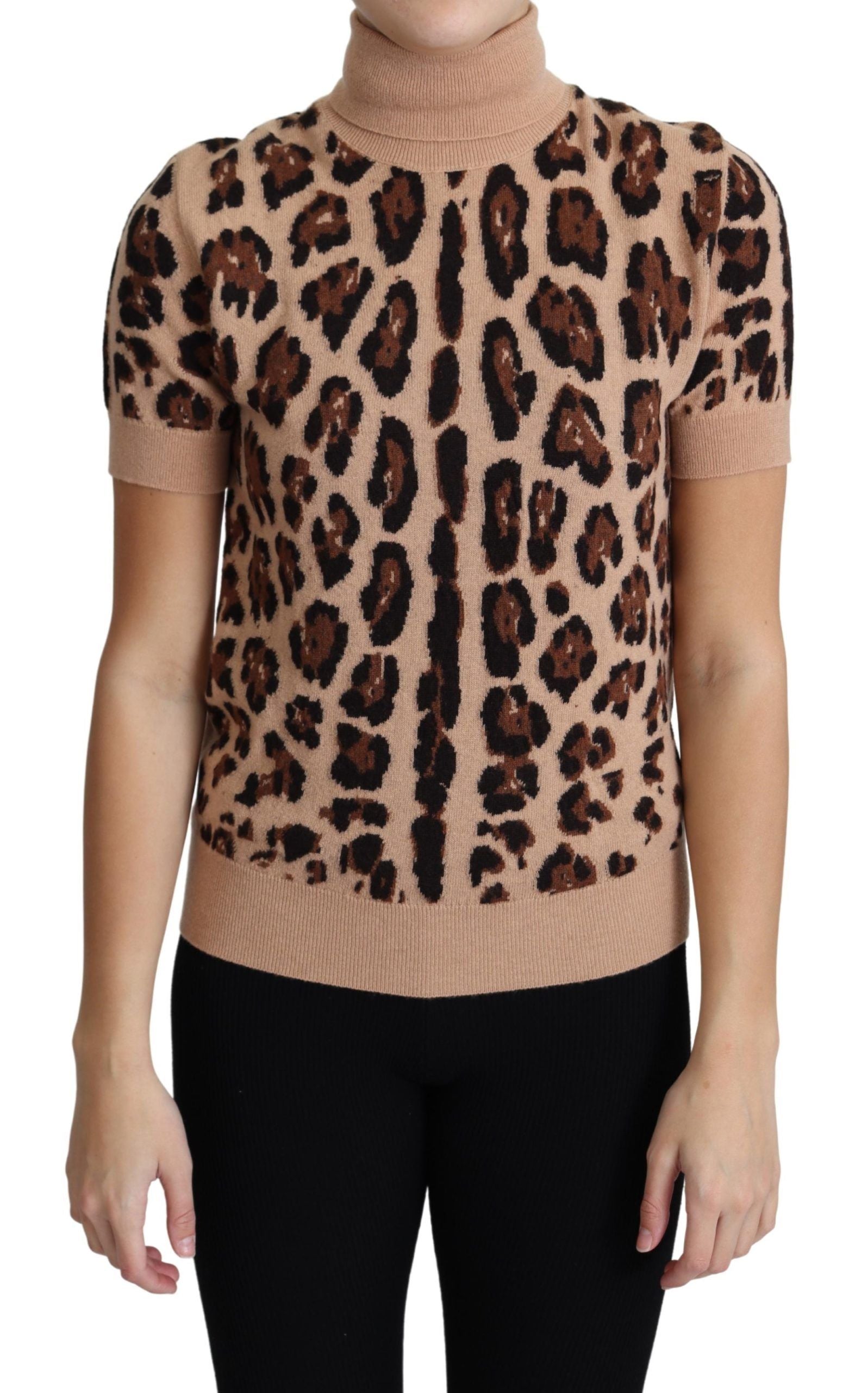 Beige leopard print Virgin wool turtleneck top by Dolce & Gabbana, fitted with long sleeves and classic high neckline.