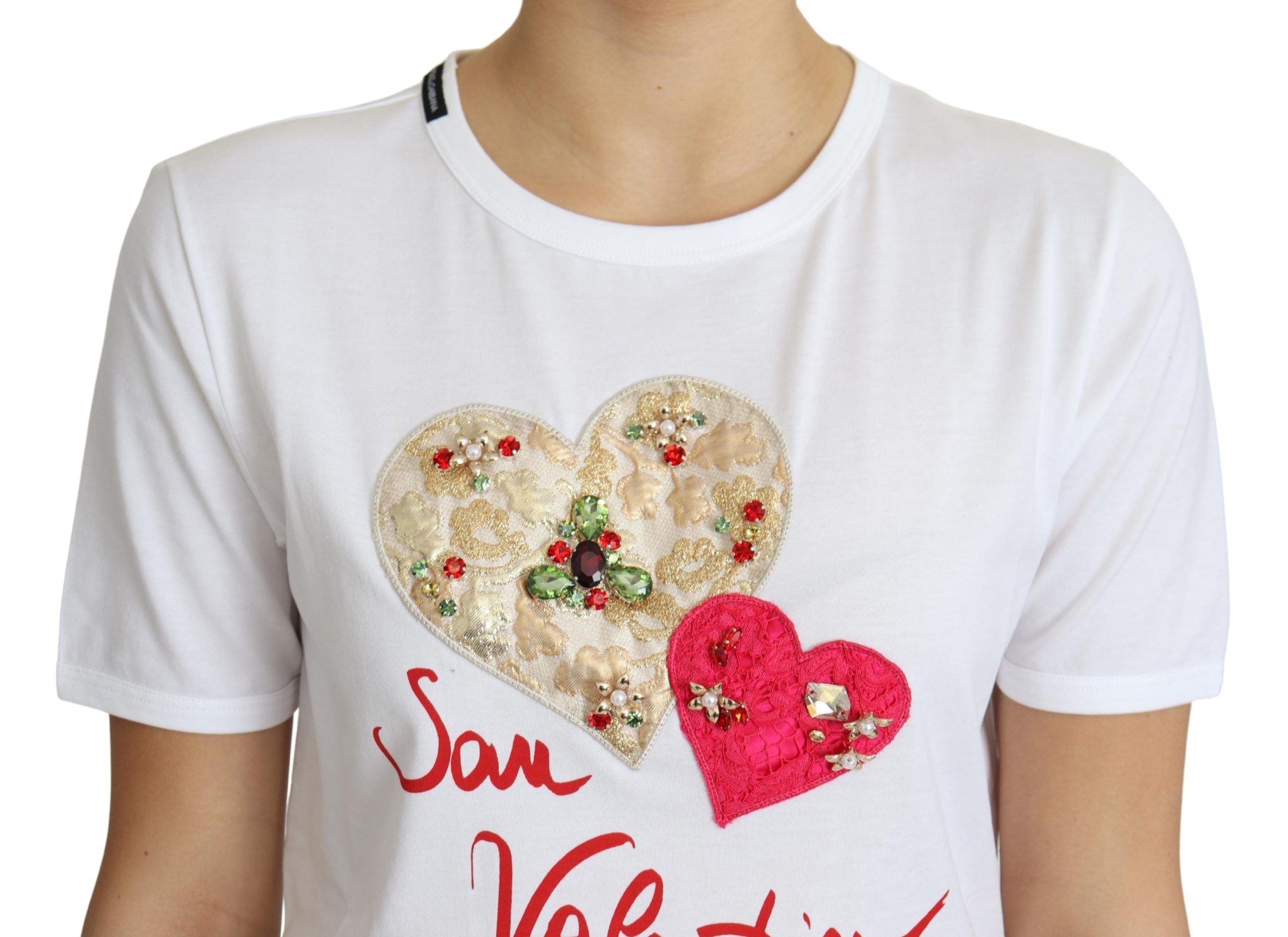 White Dolce & Gabbana San Valentino Heart Crystals T-shirt featuring a heart design with crystal embellishments.