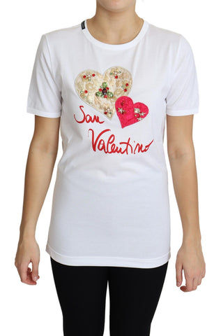 White Dolce & Gabbana San Valentino Heart Crystals T-shirt with red heart design, casual fit, and decorative crystal embellishments.