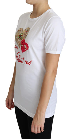 White Dolce & Gabbana San Valentino Heart Crystals T-shirt featuring glittering heart embellishments on soft fabric.