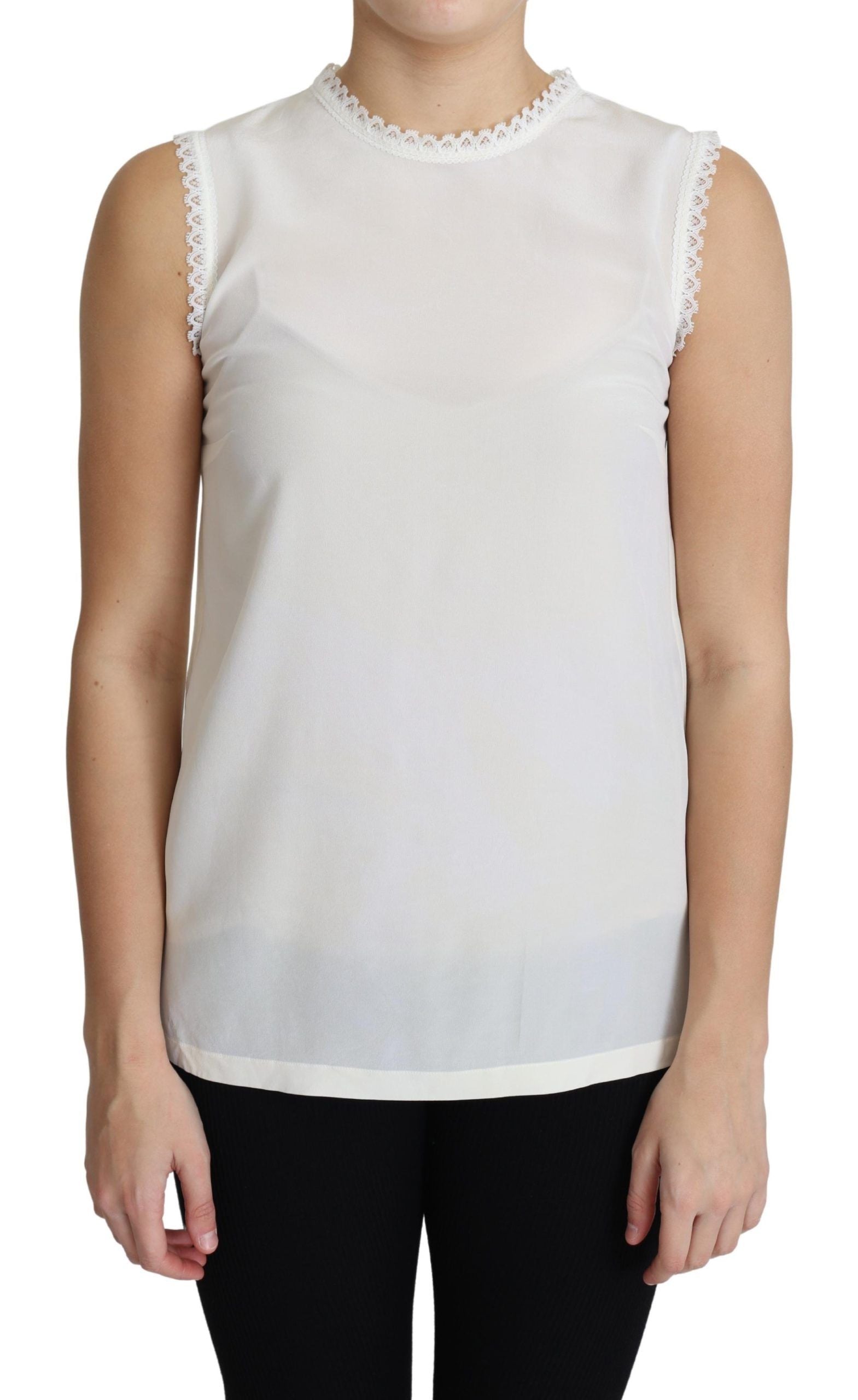White silk sleeveless blouse with lace trim by Dolce & Gabbana, shown with elegant neckline and delicate fabric details.