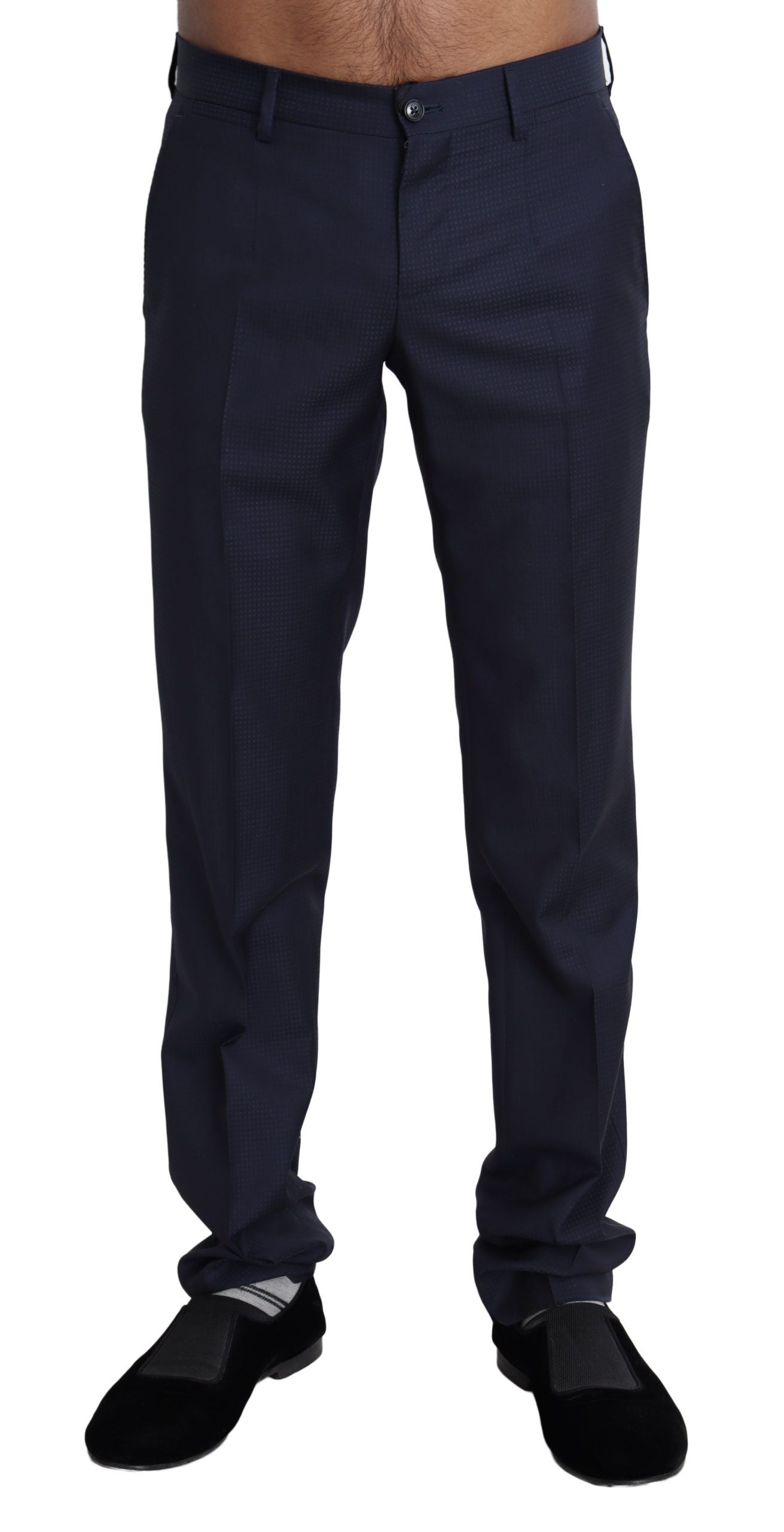 Navy blue formal men's trouser pants by Dolce & Gabbana, tailored fit with classic style, shown on a model.