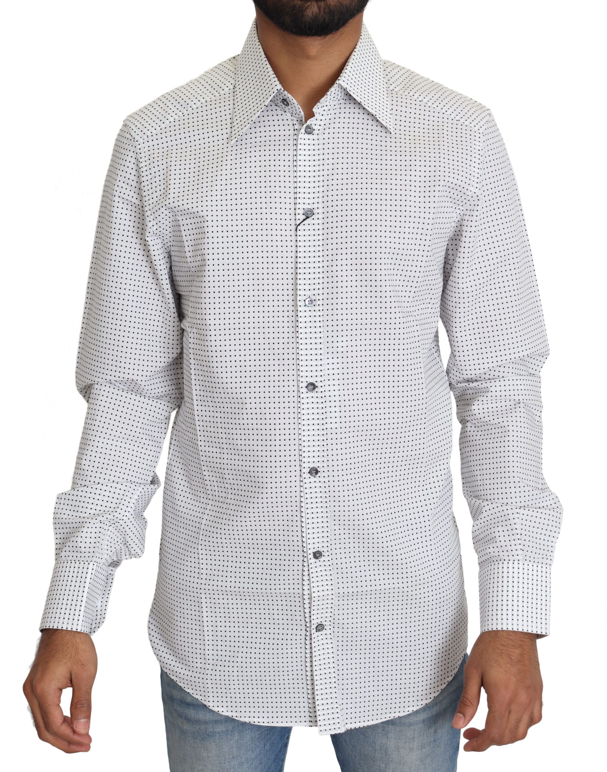 Black and white polka dot dress shirt by Dolce & Gabbana, featuring a classic collar and button-up front.