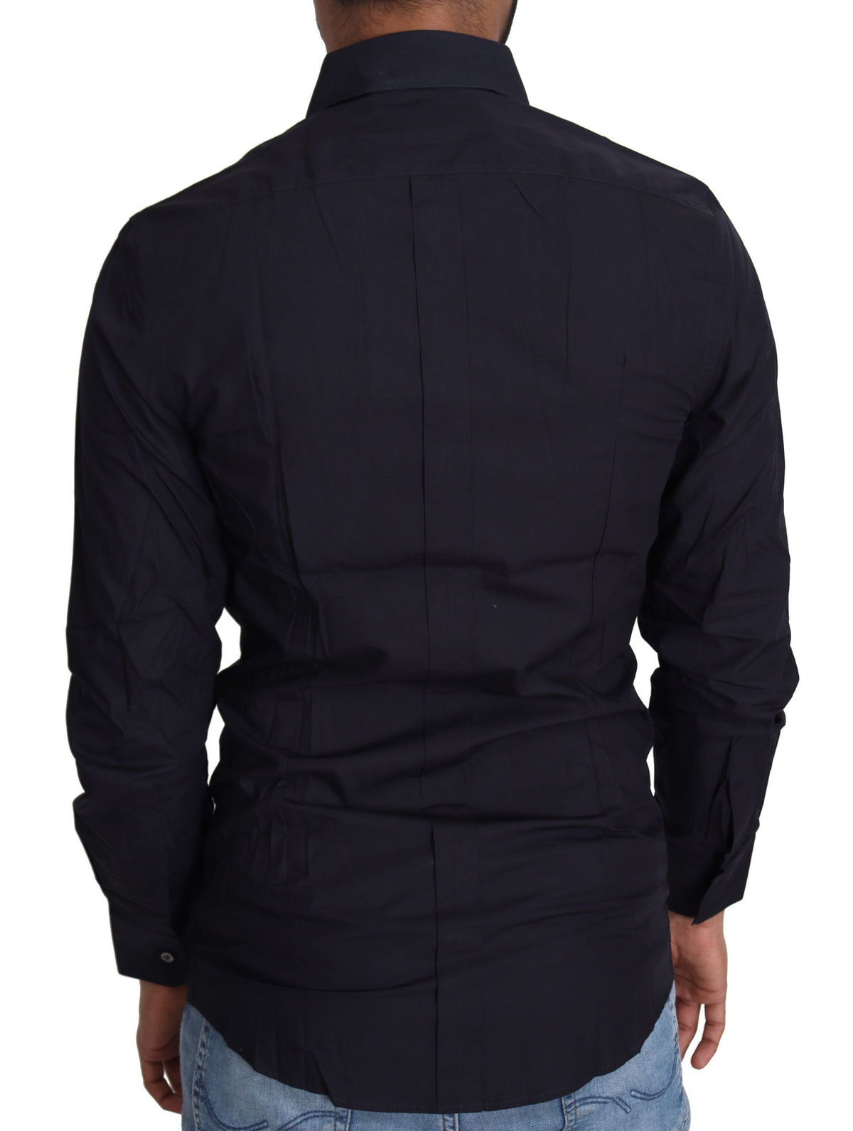 Navy blue cotton formal dress shirt by Dolce & Gabbana, featuring a classic collar and button-up front.