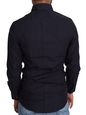 Navy blue cotton formal dress shirt by Dolce & Gabbana, featuring a classic collar and button-up front.
