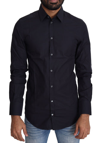 Navy blue cotton formal dress shirt by Dolce & Gabbana displayed on a hanger, featuring a classic collar and button-front design.