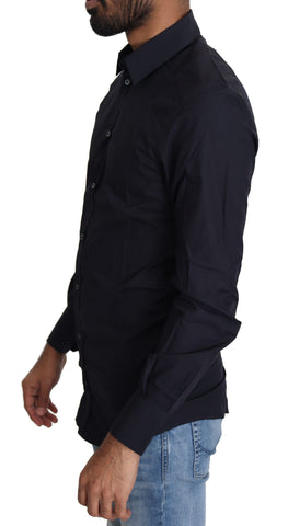 Navy blue cotton formal dress shirt by Dolce & Gabbana, featuring a classic collar and button-down front.