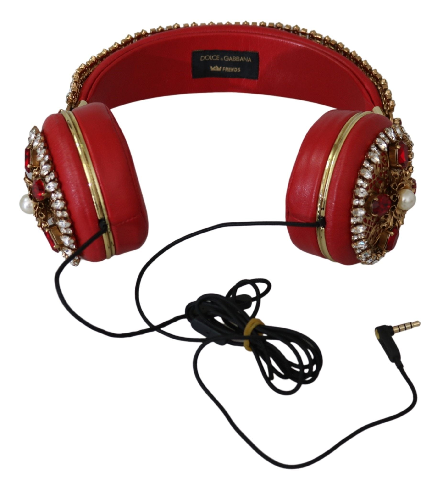 Red leather Dolce & Gabbana FRENDS floral crystal headset headphones with intricate floral detailing and premium design.