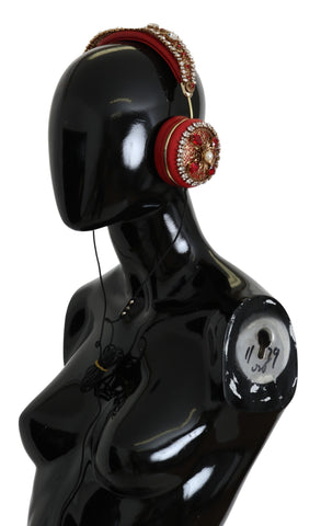 Dolce & Gabbana FRENDS Leather Red Floral Crystal Headset Headphones with detailed floral and crystal embellishments.
