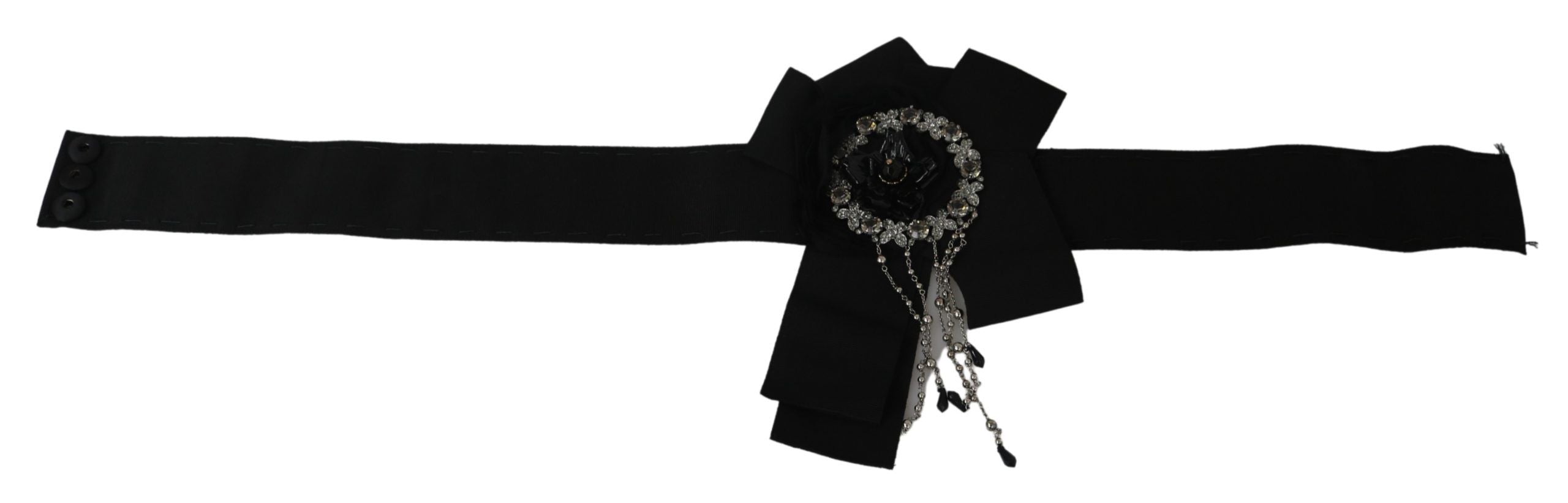 Black crystal brooch and wide Wai SATORIA belt by Dolce & Gabbana, featuring intricate crystal detailing and elegant design.