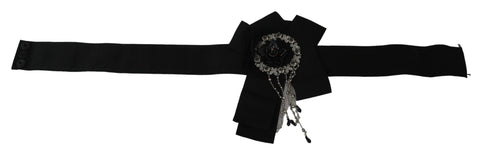 Black crystal brooch and wide Wai SATORIA belt by Dolce & Gabbana, featuring intricate crystal detailing and elegant design.