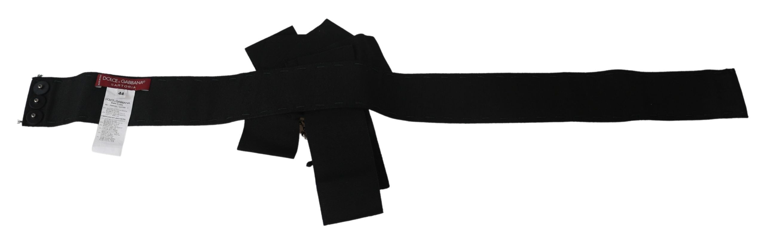 Black crystal brooch and wide Wai SATORIA belt by Dolce & Gabbana, with intricate designs and sparkling crystal accents.