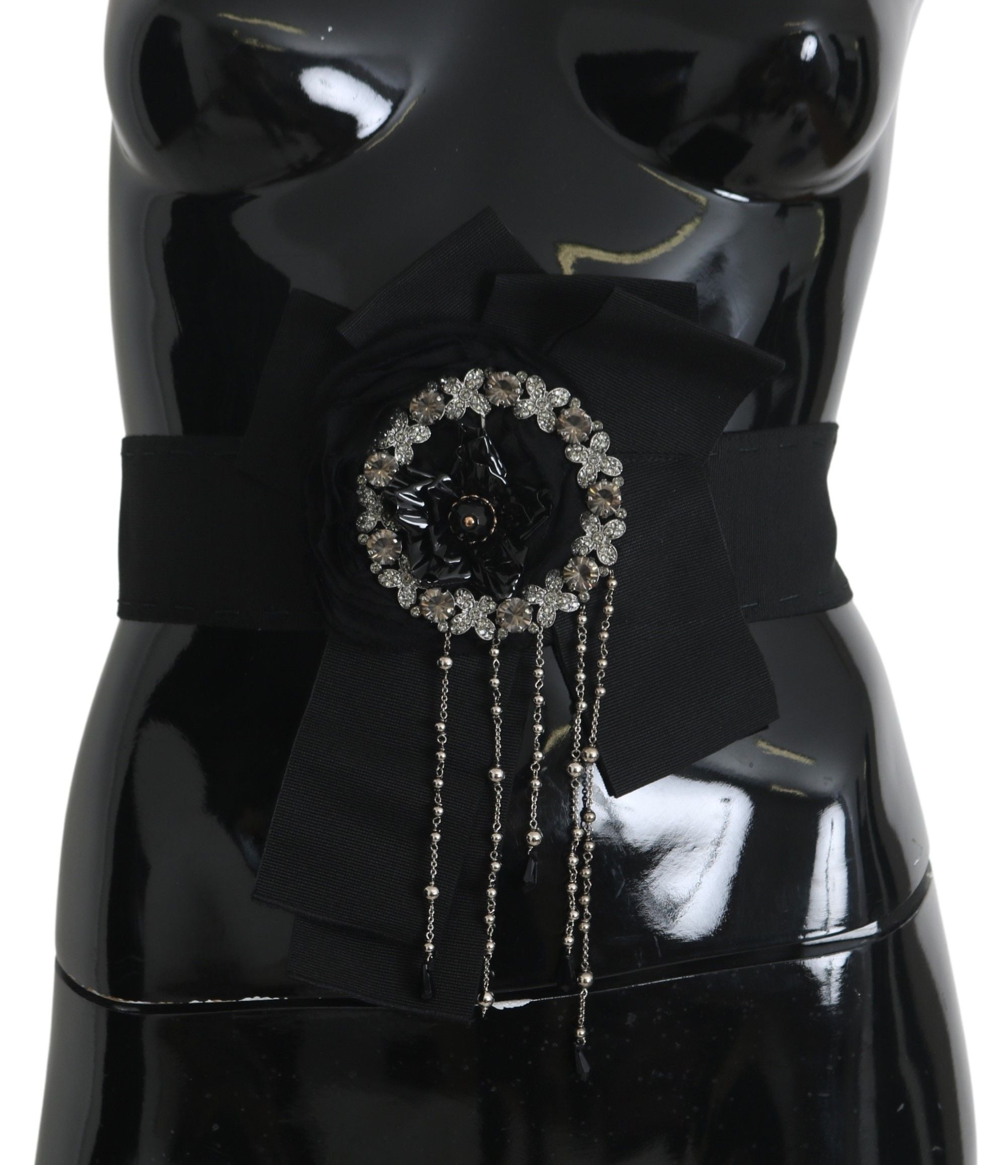 Black crystal brooch and wide Wai SATORIA belt by Dolce & Gabbana, featuring intricate crystal detailing and elegant design.