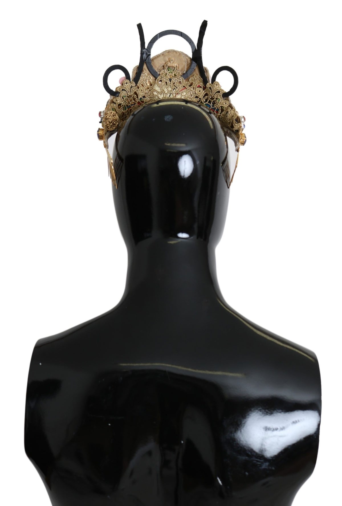 Gold brass floral tiara with crystals and LED lights, elegant crown diadem by Dolce & Gabbana, decorative headpiece for special occasions