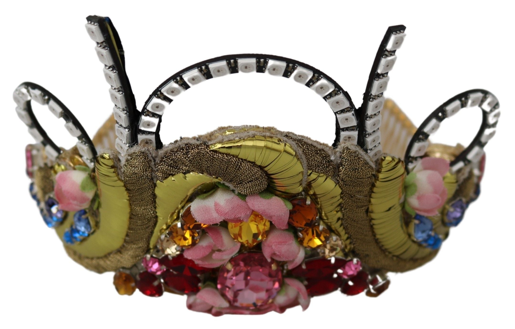 Gold brass floral tiara with crystal accents and LED lights, elegant crown diadem by Dolce & Gabbana, detailed close-up image