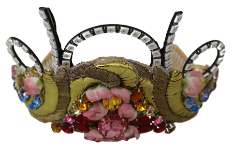 Gold brass floral tiara with crystal accents and LED lights, elegant crown diadem by Dolce & Gabbana, detailed close-up image