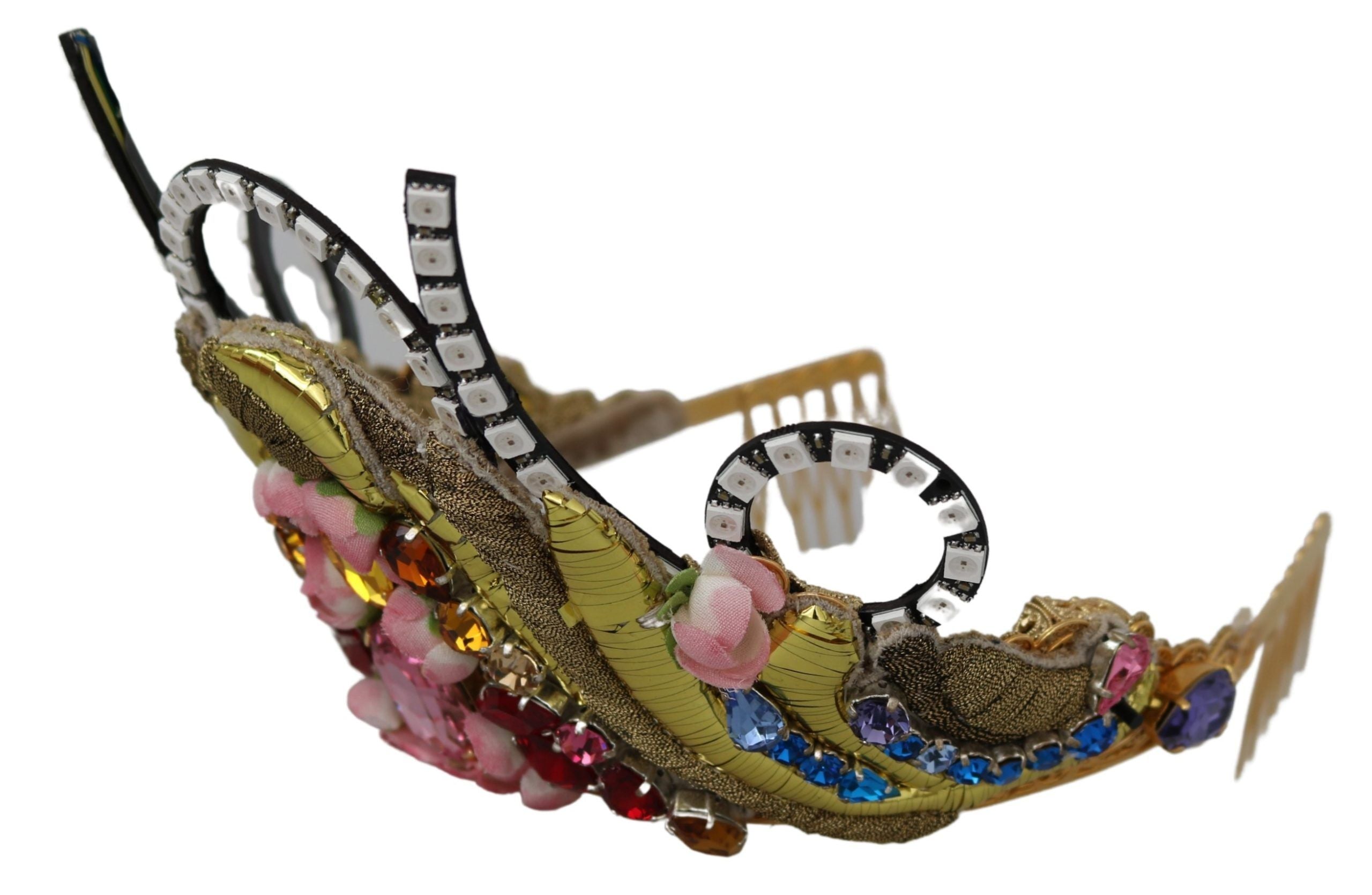Gold brass floral tiara with crystal embellishments, LED lights, elegant crown or diadem accessory by Dolce & Gabbana.