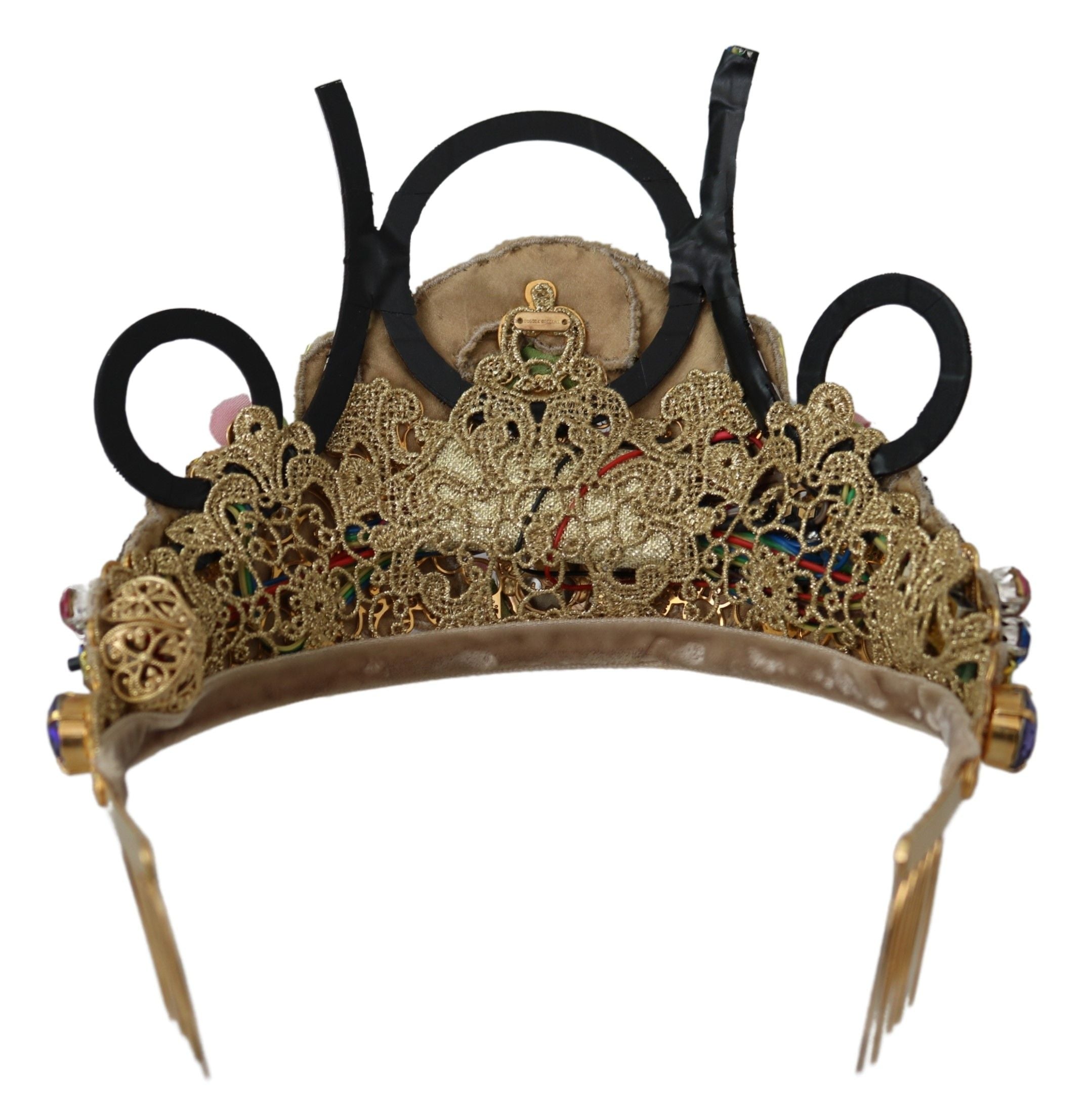 Gold brass floral crown with crystals and LED lights, Dolce & Gabbana tiara, elegant diadem for special occasions.
