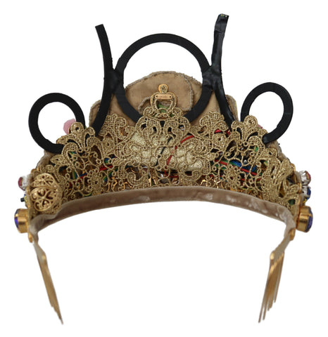 Gold brass floral crown with crystals and LED lights, Dolce & Gabbana tiara, elegant diadem for special occasions.