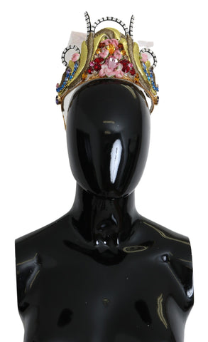 Gold brass floral tiara with crystals and LED lights, Dolce & Gabbana crown featuring intricate floral design and sparkling accents.
