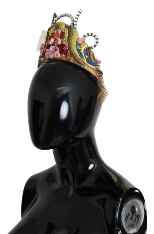 Gold brass floral tiara with crystal accents and LED lights, Dolce & Gabbana regal crown diadem for special occasions.