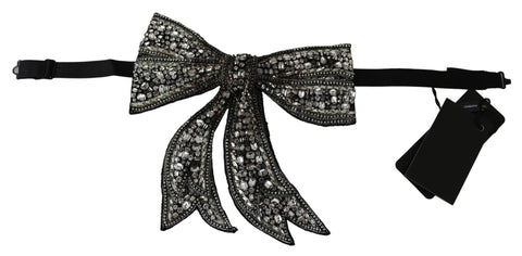 Silver tone silk bowtie with crystal embellishments for women by Dolce & Gabbana, featuring elegant craftsmanship and luxurious design.