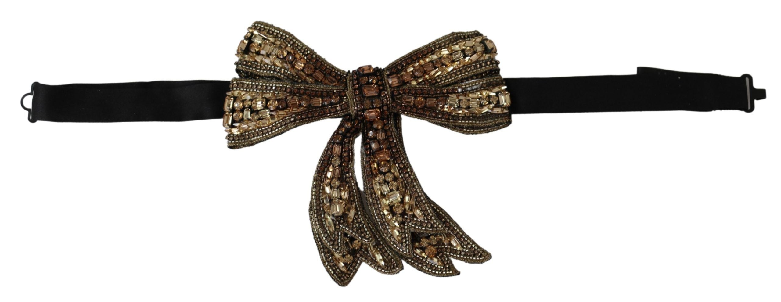 Gold tone silk rhinestone-embellished women's bowtie by Dolce & Gabbana, featuring elegant detailing.