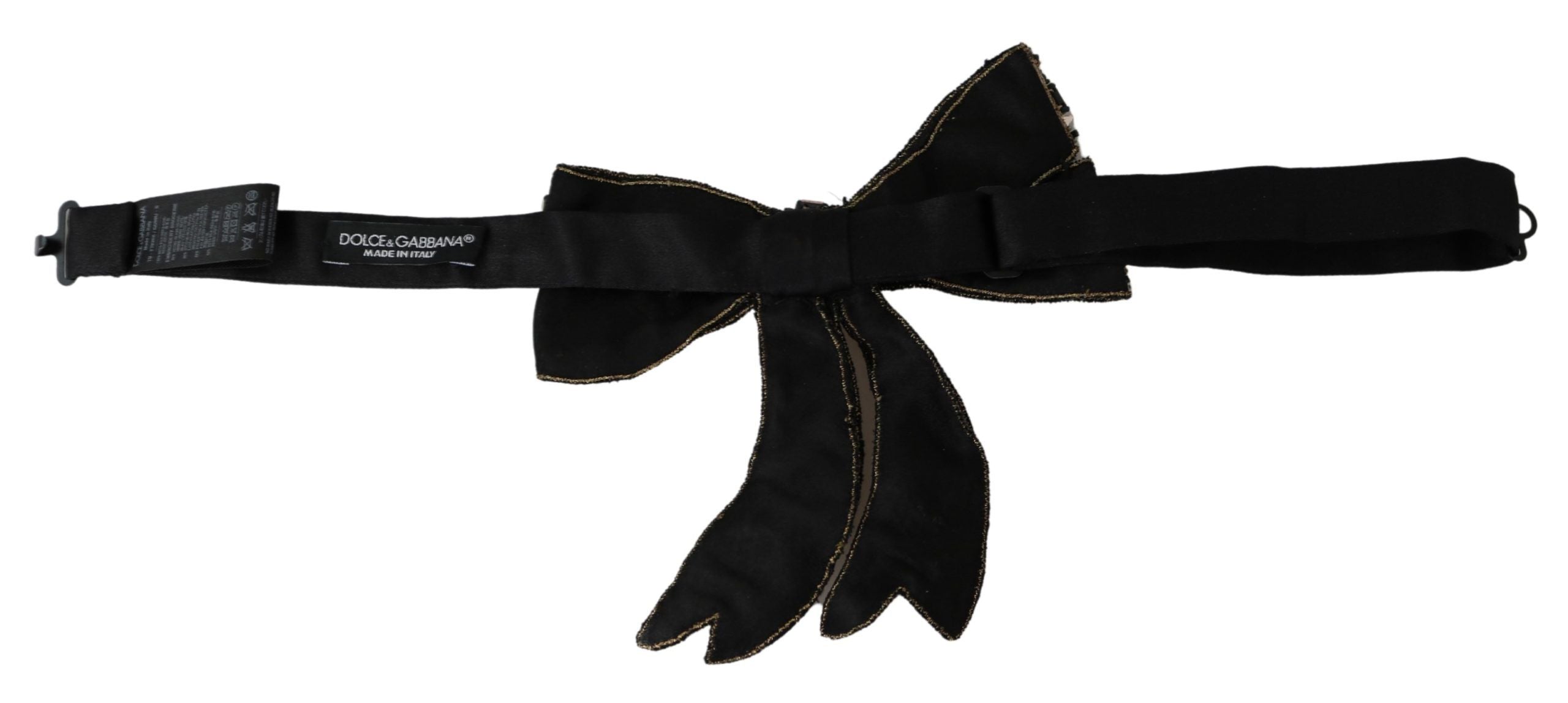 Gold tone silk rhinestone-embellished women's bowtie by Dolce & Gabbana, featuring elegant design and sparkling details.