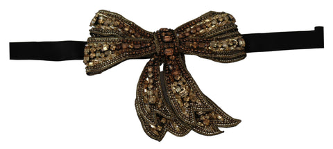 Gold tone silk rhinestone-embellished women's bowtie by Dolce & Gabbana, featuring elegant rhinestone detailing.